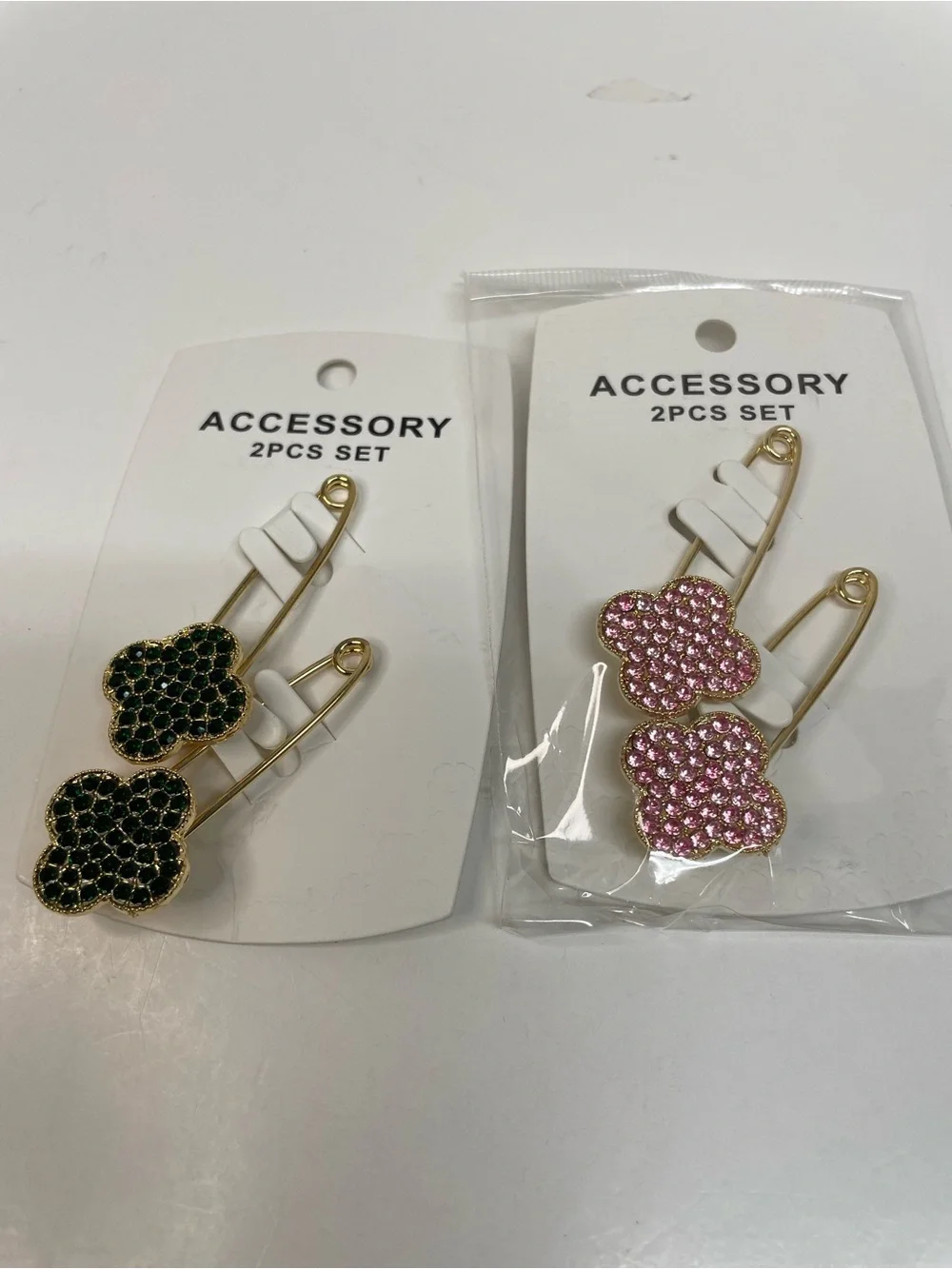 Gold-Tone Clover Pin Brooches - Green and Pink Sets